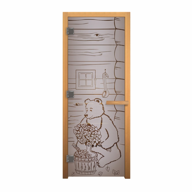 Дверь стекло Сатин Матовая, рис. "МИШКА", 190х70 (8мм, 3 петли 710) (ОСИНА) (левая)